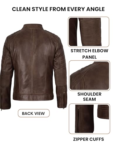 Image of Decrum Cafe Racer Leather Jacket for Men - Real Lambskin Motorcycle Style Mens Jacket with Zipper Closure