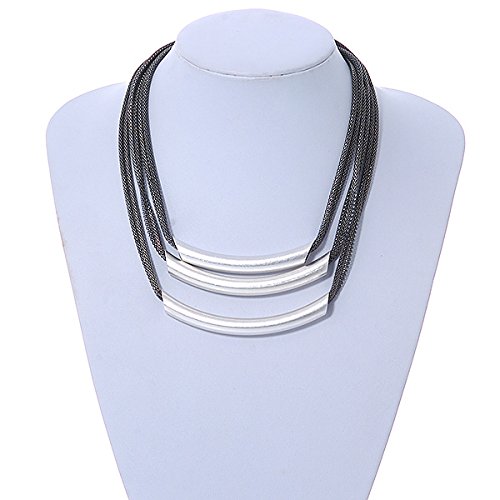 Avalaya Statement 3 Strand Layered Dark Grey Mesh Necklace with Tunnel Detailing - 48cm L/ 6cm Ext - Image 3