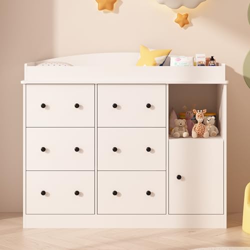 DEZAGCE Cambiador con 6 cajones, cambiador con 1 puerta, cómoda para bebé, cuidado del bebé, muebles de bebé, cambiador para habitación de bebé, dormitorio, color blanco, MDF, 140 x 48 x 111 cm