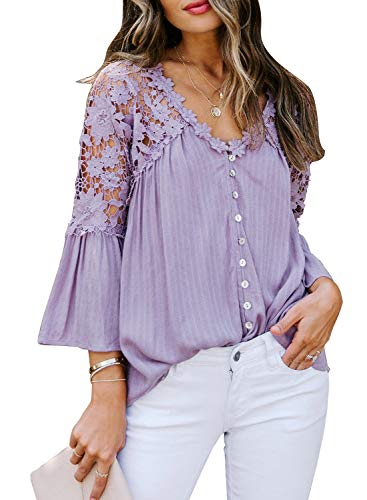 Canikat Women's Stylish V Neck Lace Crochet Flowy 3 4 Bell Sleeve Button Down Casual Shirts Blouses Tops Purple S Canikat Women's Stylish V Neck Lace Crochet Flowy 3 4 Bell Sleeve Button Down Casual Shirts Blouses Tops Purple S