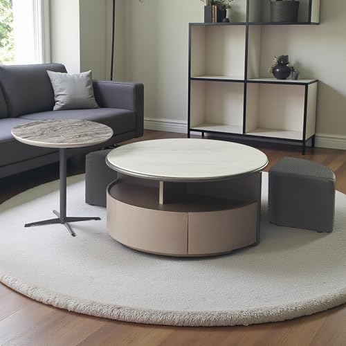 Image of The Attic Aura Marble Coffee Table Set with Storage | Modern Round Table Set with Smart Storage & Seating | Luxury Center Table for Living Room Elegance