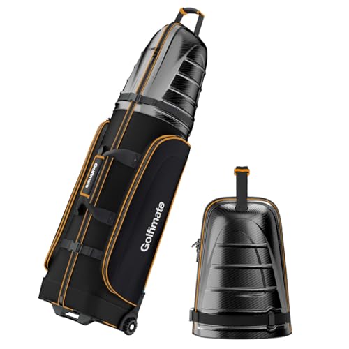 Golf Travel Bag for Airlines with Carbon Fiber Look Hard Top, Protective Club Traveling Cover with Wheel, Golf Club Carrier Case for Airplanes, Thick Padding, Durable Zippers, 2 Spacious Side Pockets