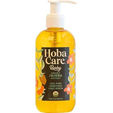 HobaCare 100% Pure Organic Jojoba Baby Oil - Unrefined and Cold Pressed Jojoba Oil - Body & Scalp Massaging Oil for Skin, Hair, and Nails - Helps to Fight Cradle Cap and Dry Skin (8.45 fl oz) Cover