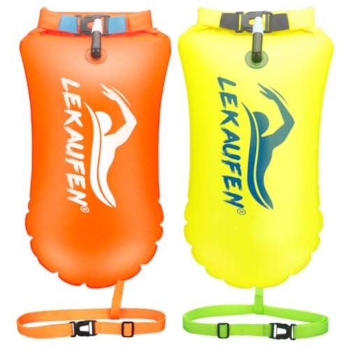 LeKaufen Swim Buoy for Open Water 2 Pack, 20L Swim Safety Float Waterproof Dry Bag for Swimmers Triathletes Kayakers Snorkelers, Swimming Pull Buoy for Safer Swim Training (Yellow & Orange)