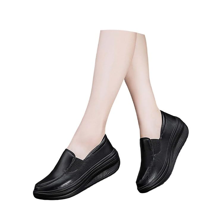 Generisch Zapatos para mujer, mocasines con plataforma de cuña, punta redonda, cómodos, informales, ligeros, para caminar, con material exterior de piel, sin deslizamientos, zapatos de trabajo, Negro