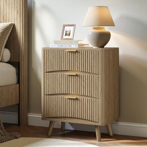 Image of Evermagin 29 inch Tall Fluted Nightstand Set of 2 with 3 Drawers | Oak Night Stand,Wooden Bedside Table, Mid Century Modern Side Table for Bedroom, livingroom