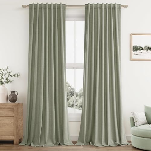 Image of Sage Green 100% Blackout Linen Curtains 84 Inch Length 2 Panels Set for Living Room Bedroom Back Tab Thermal Insulated Black Out Drapes Room Darkening Farmhouse Style for Bedroom Window Curtains