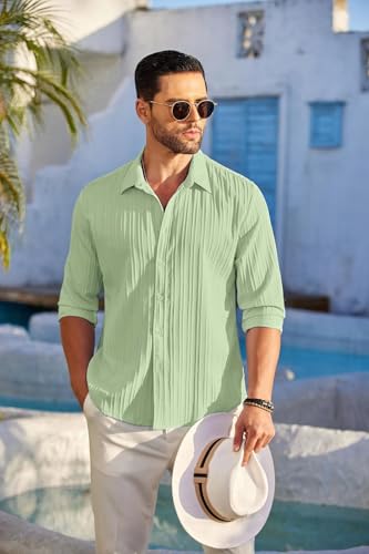 Image of DEELMO Men's Button Down Dress Shirts Textured Long Sleeve Casual Hawaiian Beach Shirt