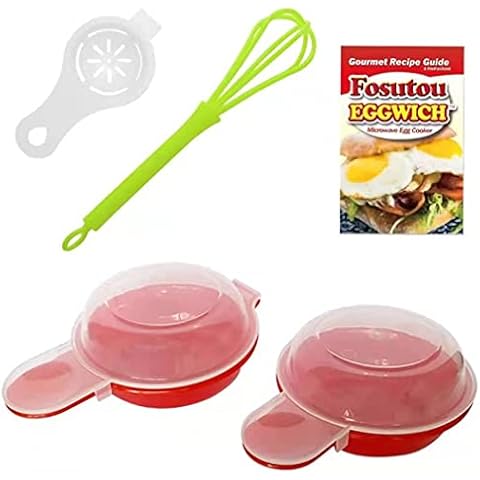 FOSUTOU Microwave egg cooking kit, with 4 kitchen tools (2 sets of egg cooker, 1 egg whisk, 1 egg separator) for fast eggwich, cook TWO eggs perfectly in one minute, with gourmet recipe included Cover