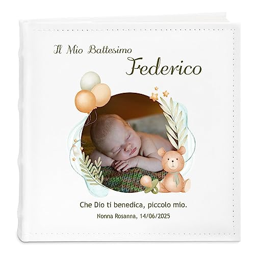 Maverton Album Fotografico - Copertina in Pelle Sintetica Bianca Personalizzata con Stampa Colorata - 100 pagine - 200 foto 10x15 cm - regali neonato, battesimo, compleanno - Orsetto
