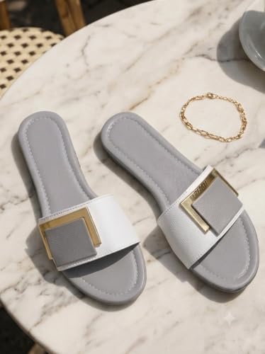 Image of Women's Slide Sandals with Square Gold Buckle, White & Grey