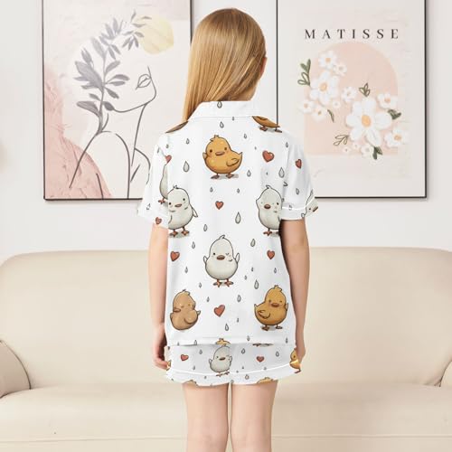 Satin Pajama Sets Short Sleeve Cute Chicks with Hearts Button Down Silky Nightwear 2 Piece PJS 5-14Y4