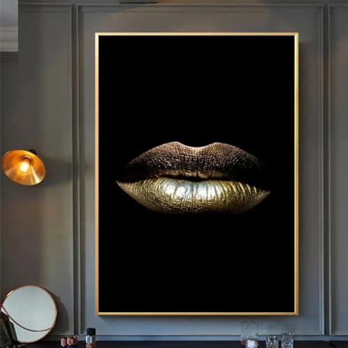 Art mural haut de gamme avec peinture toile femme abstraite noire et dorée 70x100cm