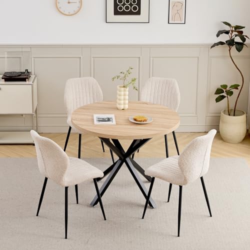 GrandCA HOME Ensemble Table et Chaises à Manger, Table à Manger Ronde de 100 cm et 4 Chaises en Lin Modernes, pour Salle à Manger, Cuisine, Salon,Claire +...