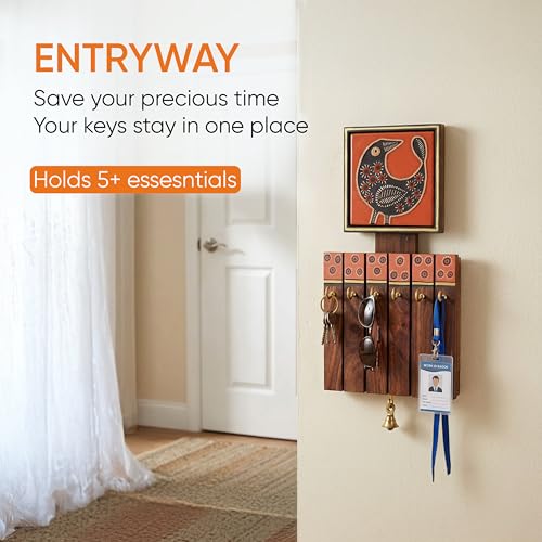 Image of AAKRITI ART CREATIONS Key Holder, Pichhwai Handcrafted Tiles Key Holder Panel Hooks | Rustic Wood Wall Organizer with 6 Hooks | New Home Gifts | Multifunctional Entryway Decor.