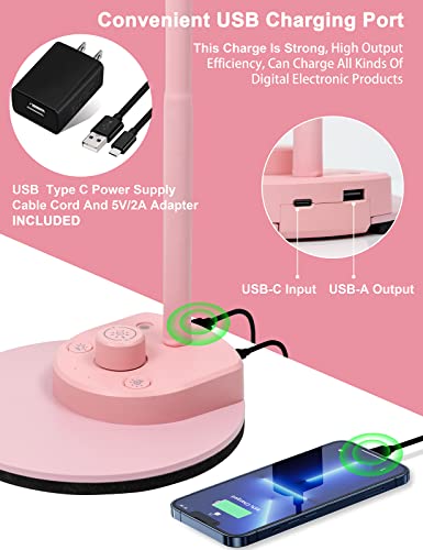 Bohon Cute Desk Lamp With Usb Charging Port, Pink Lamp 3 Color Modes Dimmable Reading Lamp, Flexible Gooseneck Table Light Auto Dimming Task Lamp, Led Desk Light For Home Office Dorm Bedside, Pink #TOP3