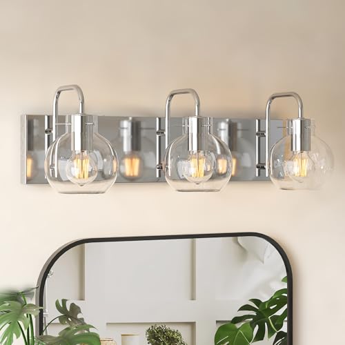 Image of 3-Light Bathroom Light Fixtures, Brushed Nickel Vanity Light, Modern Wall Lights with Clear Glass Shade, Bathroom Wall Lamp for Mirror Kitchen, Bedroom, Hallway,Living Room