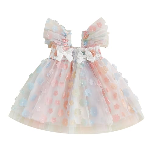 Toddler Girls Tulle Dress Fly Sleeve Smocked Bow Flower Layered Tutu Princess Dresses Summer Beach Sundress