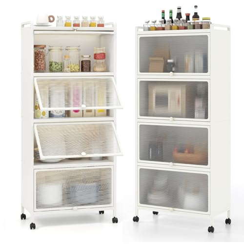 GIANTEX Armoire Cuisine 5 Niveaux avec Portes Rabattables, Meuble Cuisine Rangement à roulettes Universelles, Cadre en Métal, pour Salon, Kit...