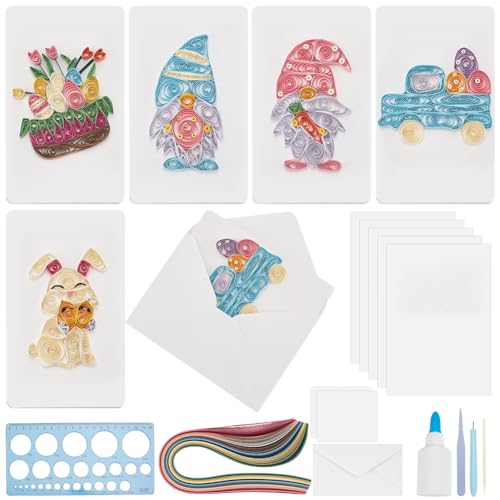 WEBEEDY 20 Sets DIY Easter Day Paper Quilling Kit for Adults Beginners 5 Styles Easter Rabbit Gnomes Greeting Card Making Kit with Paper Quilling Strips Tools and Instruction DIY Quilling Card Gift