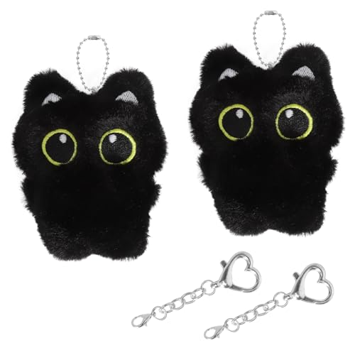 FIUTEKO 2 Piezas Llavero Gato Negro de Peluche, Llavero Peluche Gato Kawaii con Colgante Corazón y Sonido Divertido Llavero para Mochila Bolsa Llaves, Regalo para Amantes de los Gatos