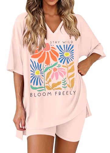 Women’s Graphic 2-Piece T-Shirt Set with Floral V-Neck Top