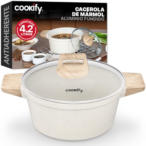 La Mejor Selección de Cazo favoritos de las personas. 45 Cookify Olla Cacerola de Aluminio con Revestimiento Antiadherente 100% Libre de PFOA (Mármol Beige, 24 cm, 4.2 Litros)