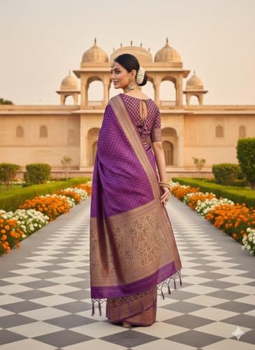 Image of Kanjivaram Silk Saree for Women - Handloom Floral Weaving, Contrast Border, Heavy Gold Zari Rich Pallu, Traditional Designer Wedding & Festive Saree with Blouse Piece
