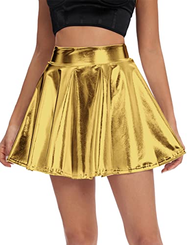 Urban CoCo Women's Shiny Flared Pleated Mini Skater Skirt