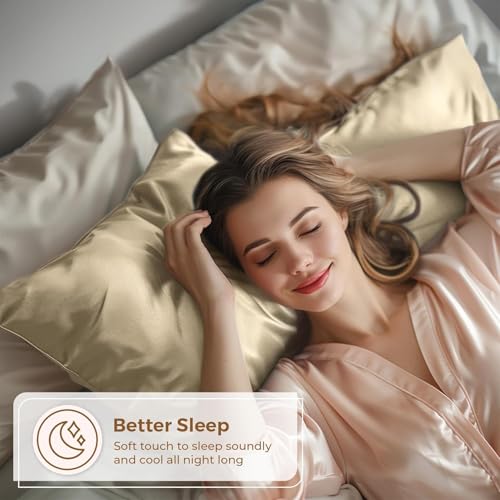 Image of Premium Satin Pillowcase Set of 2 with Eye Mask & 3 Scrunchies | Silky Soft, Anti-Frizz, Skin & Hair Care Sleep Set | Luxury Gift Combo for Women & Girls (Champagne)