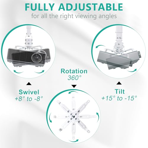 WALI Projector Mount Ceiling/Wall - Universal 3-in-1 Bracket with Extension Pole, Height Adjustable Holder for LCD/DLP Projectors, Supports up to 44lbs, White (PM-003-W)