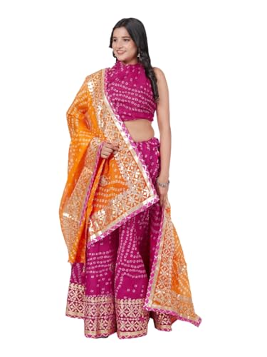 Image of Traditional Ethnic Kota Doria Bandhani Lehenga Choli Set for Wedding and Ethnic FestivalEmbroidered Gota Patti Border Readymade Lehenga Chunni Set with Running Blouse