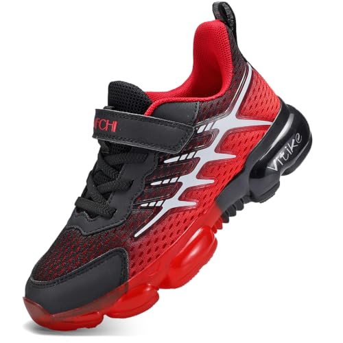 JMFCHI Kinder Sneakers Jungen Turnschuhe Sportschuhe Mädchen Laufschuhe Mesh Atmungsaktiv Freizeit Hallenschuhe Schwarz Rot gr 39
