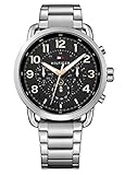 Diámetro de la caja: 46 mm, Grueso: 12 mm,Color de la caja: Plata y Color del Dial : Negro
