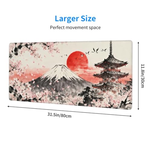 Image of Japanese Cherry Blossoms Mouse Pad 31.5x11.8 XL Black Gray Pink Red Watercolor Design Extended Large Mousepad Keyboard Mouse Mat Desk Pad with Non-Slip Rubber Base Stitched Edges for Home Office Game