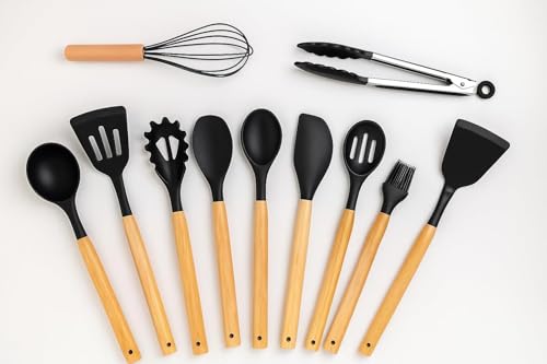 Image of Premium Silicone Kitchen Spatula Set for Cooking | Heat Resistant Spatula for Non Stick Pan with Wooden Handle & Holder | Steel Core Silicone Spatula | Non-Stick Kitchen Utensils Set (12 Pcs)