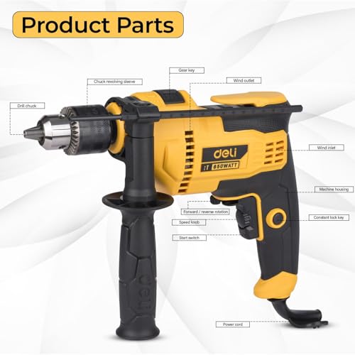 Image of Deli EDC180 650W Corded Electric Impact Drill Tool Set with 9 Drill Bits 48000BPM Variable Speed Control 3000RPM 220-240v ~50hz /60hz Hammer Drilling Machine for Wood & Masonry (Set of 1, Yellow)