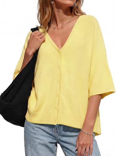 Image of Saodimallsu Womens V Neck Half Sleeve Cardigan Sweaters Summer Knit Tops | Oversized Fit, Button Down, Batwing Sleeve, Soft Lightweight Knitted Fabric, Trendy Casual Style, Summer Fall Outfits