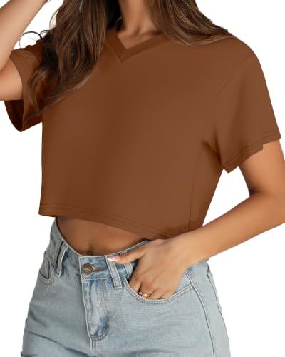 Image of Womens Crop Tops Short Sleeve V Neck Summer Cropped T Shirts Baisc Tees