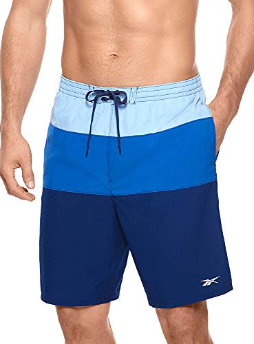Reebok Men's Swimwear Upf 50 Colorblock Volley Elastic Waist Swim Shorts Bathing Suit Trunks, Fluid Blue, S #TOP5