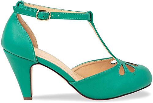 Chase & Chloe New Kimmy-36 Women's Teardrop Cut Out T-Strap Mid Heel Dress Pumps