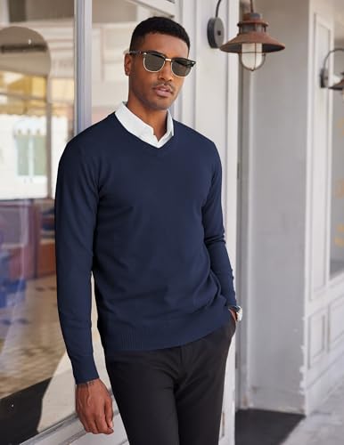 Coofandy Men'S Pullover Sweater V Neck Casual Dress Sweater Slim Fit Lightweight Knitted Sweaters Navy Blue thumb #1