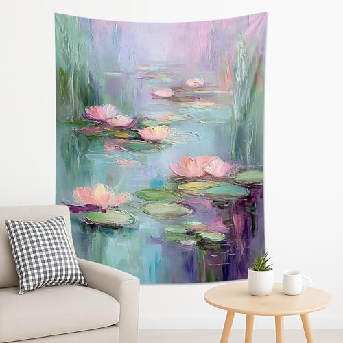 Peach Water Lilies Tapestry, Pastel Violet Floral Tapestry Wall Hanging, Watercolor Aesthetic for Living Room, Bedroom, Home Decor 60x80 Inch