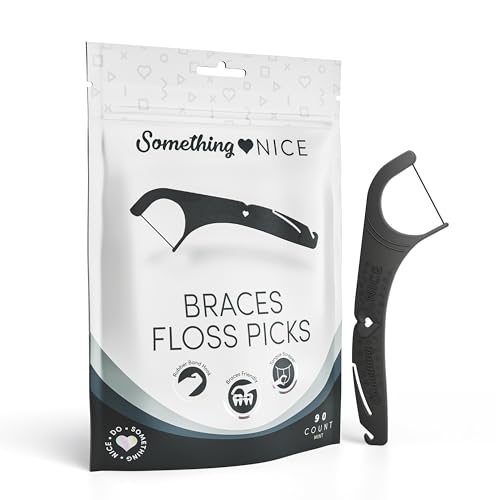 SOMETHING NICE Floss Picks for Braces - Mint Flavored Braces Flossers with Rubber Band Hook & Tongue Scraper, Braces Floss Picks with Xylitol for Protection | Floss for Braces Orthodontic 90-Pack