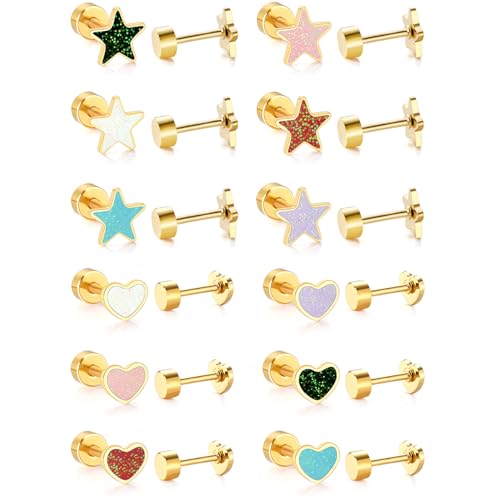 Screw Back Earrings for GirIs Women 12Pack, Hypoallergenic 14K Gold-plated Star Heart Surgical Steel Stud Earrings Flat Back Earrings Hypoallergenic for Sensitive Ears Screw on Back Earring Jewelry Gift