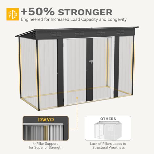 Image of DWVO 9' x 4' Outdoor Storage Shed, Lockable Double Doors, Sloped Roof, Heavy-Duty Steel Shed for Garden & Patio, Large Backyard Tool Organizer, Dark Gray