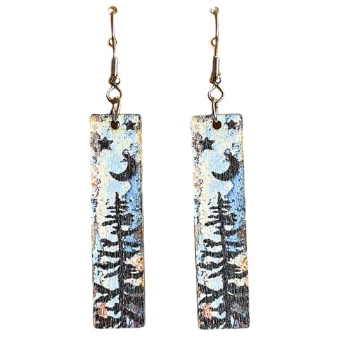 Handmade Bohemian Colorful Vintage Nature Wooden Night Forest Dangle Drop Earrings Boho Lightweight Geometric Bar Star Moon Tree Printed Wood Earring for Women Statement Jewelry Gifts3