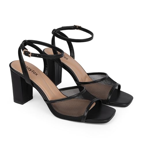 Image of Easyfox Open Toe Chunky Heel Sandals for Women Ankle Strap 3 Inch High Heels Dress Wedding Block Shoes