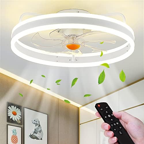 Mpayel Ceiling Fans with Lights and Remote - Low Profile Flush Mount Ceiling Fans - 20” Modern Bladeless Enclosed Ceiling Fans with Led Light and Stepless Dimming, White Small Ceiling Fan for Bedroom