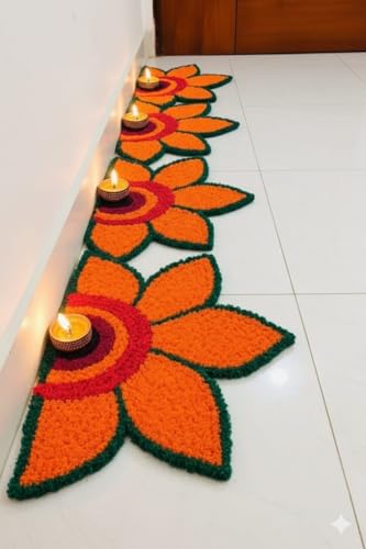 Image of Artificial Flower Petal Rangoli Mat, Red, 12 inches